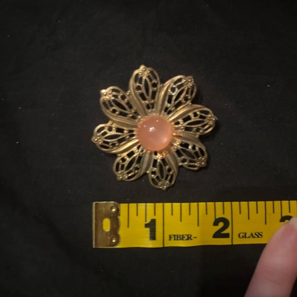 Vintage Gold Tone Filigree Brooch with pink stone center